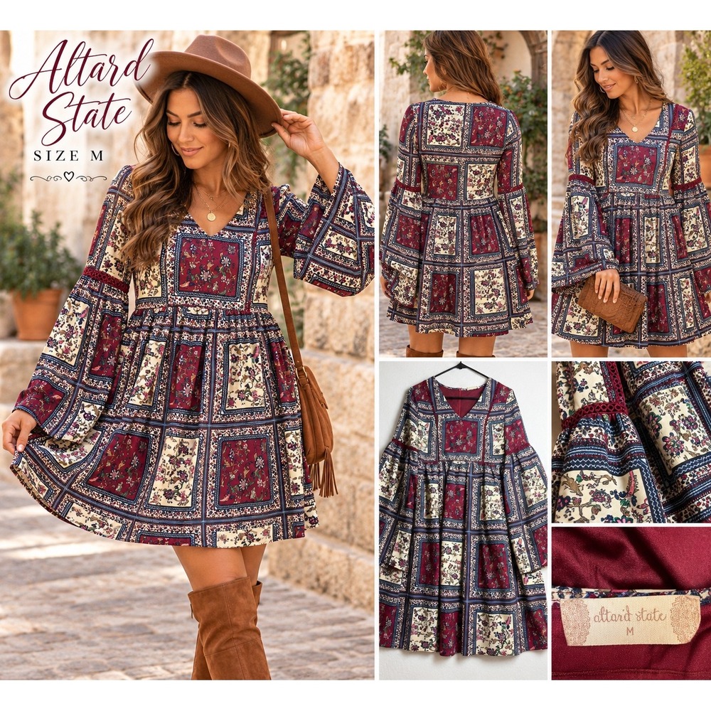 Altard State Womens Medium Burgundy Patchwork Floral Bell Sleeve Babydoll Dress
